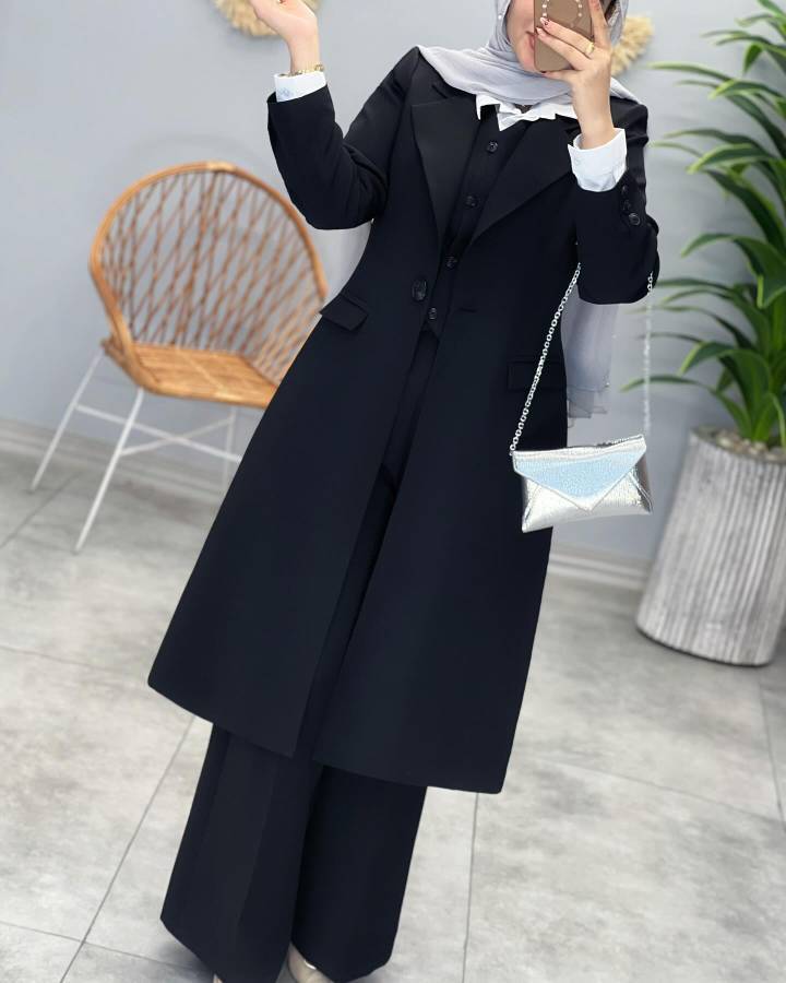 ست سه تکه مانتو ، شلوار ، جلیقه جنس : بزیاق درجه یک قهوه ای - سورمه ای - مشکی - خاکی - سایزبندی شناسه : #223 ارسال 20 روز